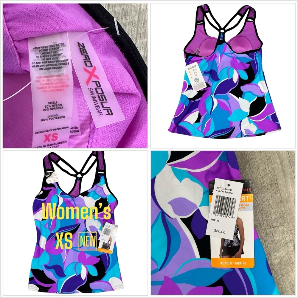 Women’s Zeroxposur XS Tankini Padded UPF Swim Swimwear Tank Top Purple Teal NWT
